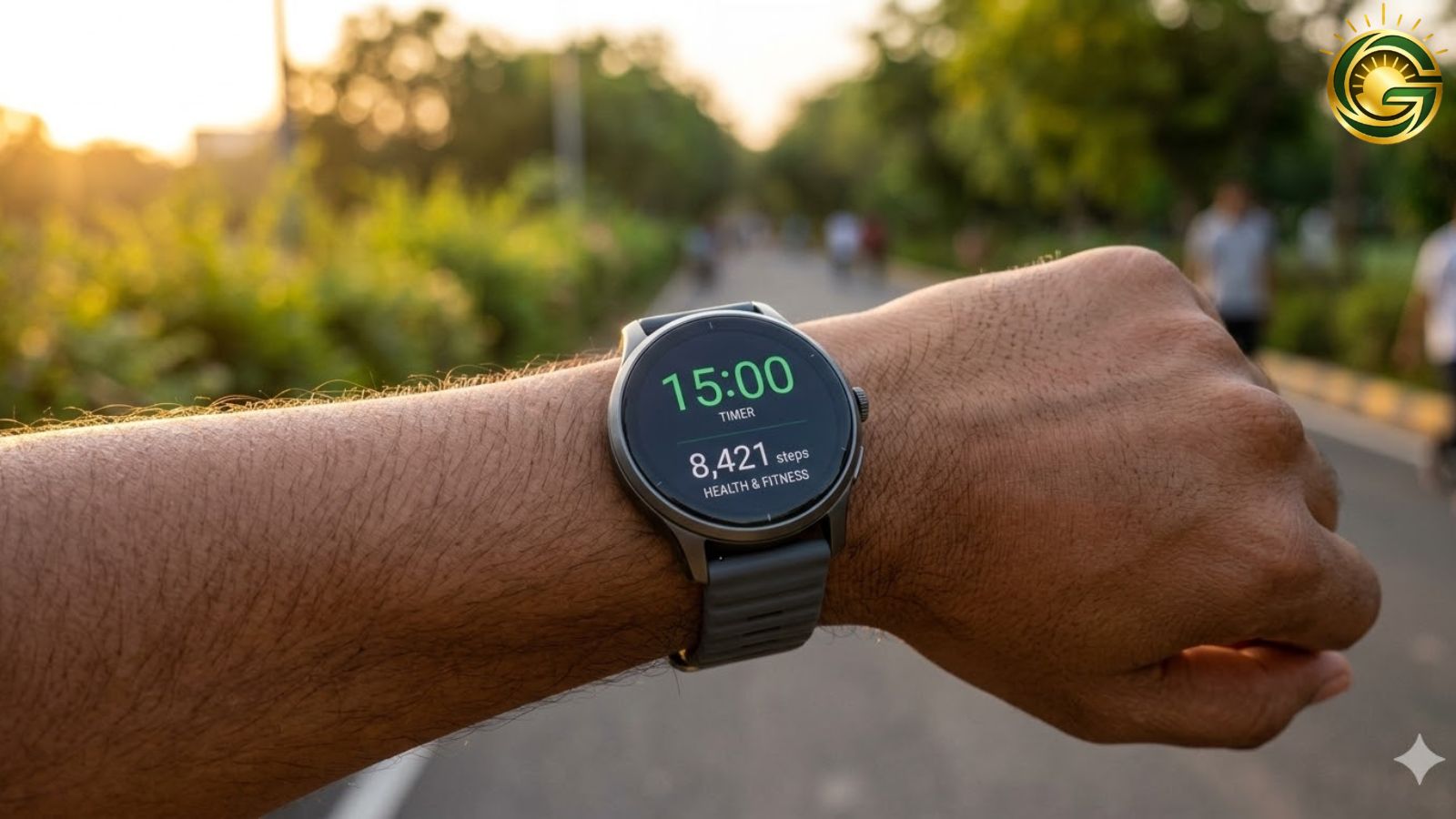 Smartwatch showing 15 minutes walking time for health benefits.