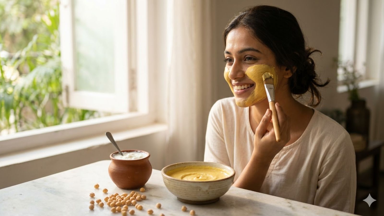 Close-up of homemade besan and curd face pack ingredients in a rustic setting.