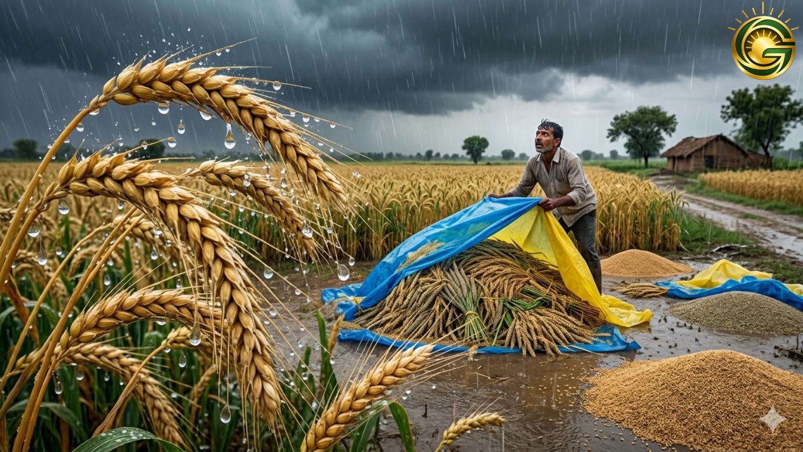 Heavy rain falling on standing summer crops in a field under a dark sky. know about Gujarat Rain Forecast