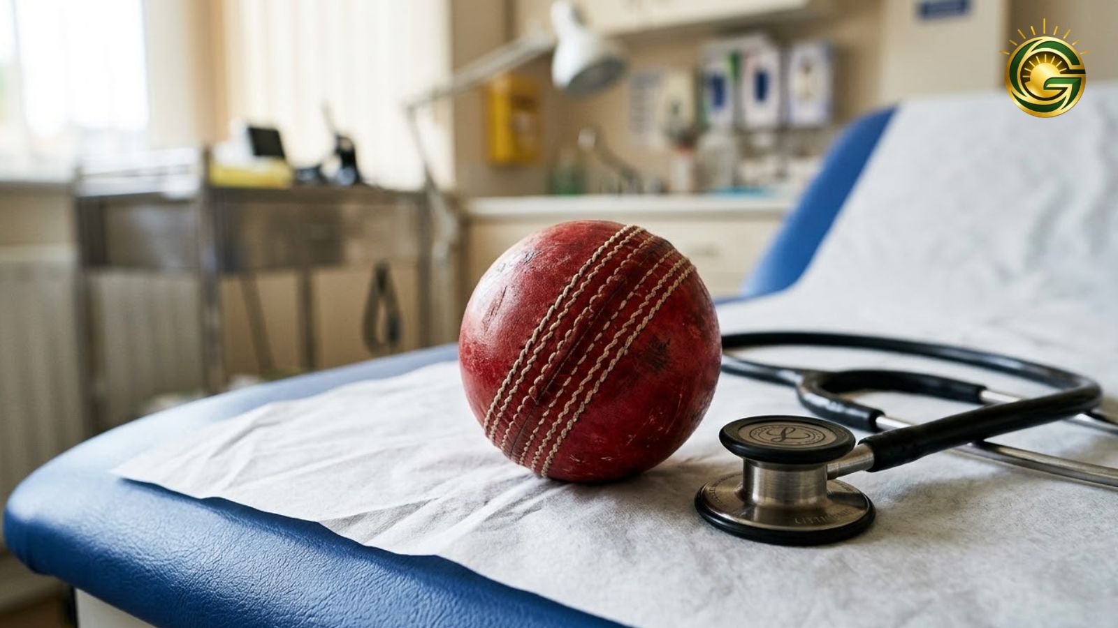 Symbolic image of a cricket ball and stethoscope for player fitness report.
