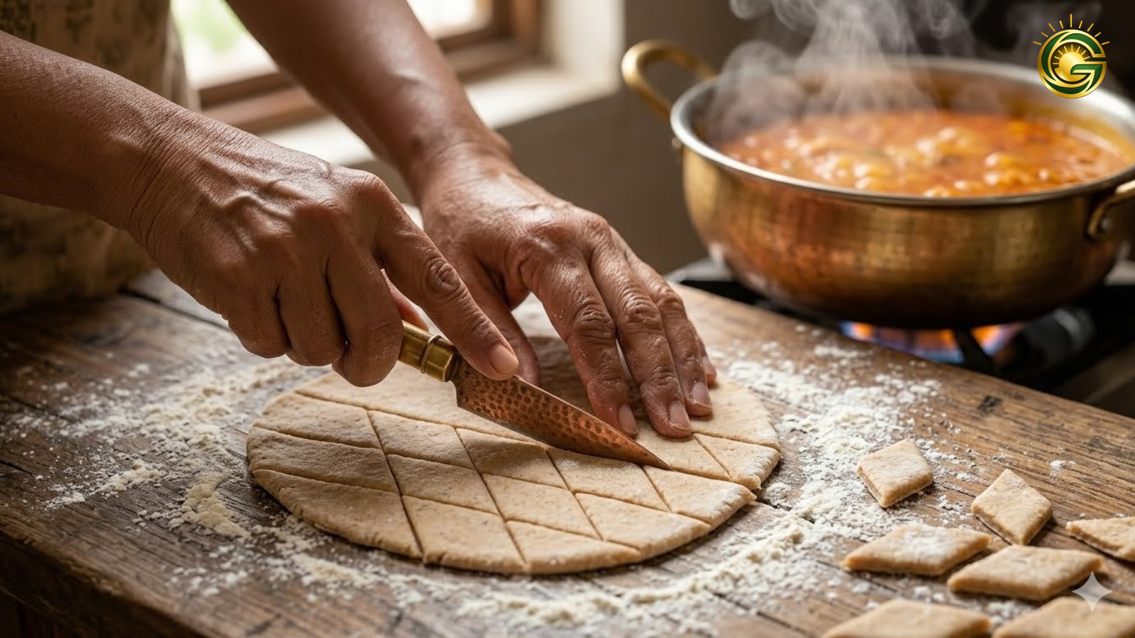 Cutting dough shapes for Gujarati Dal Dhokli Recipe.