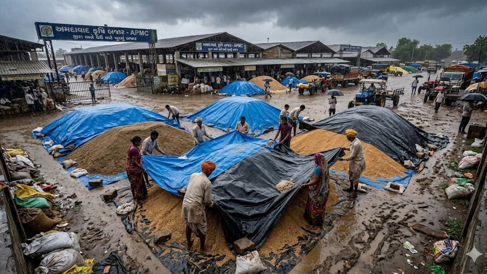 Farmers protecting grains from unseasonal rain.