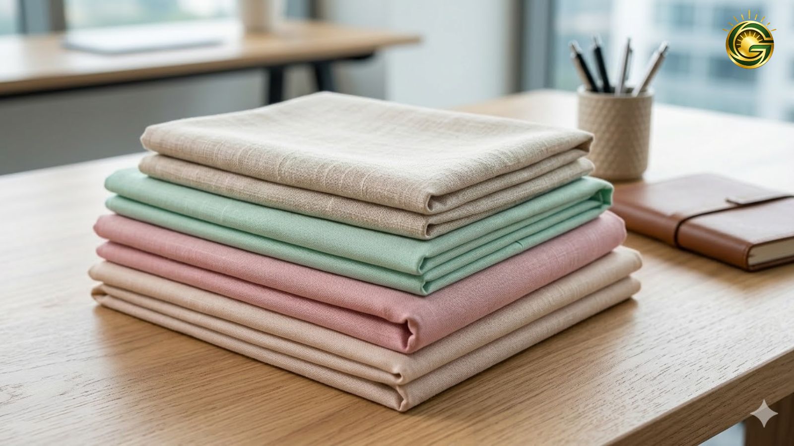 Close up of different cotton and linen kurti fabrics in pastel colors for office wear.