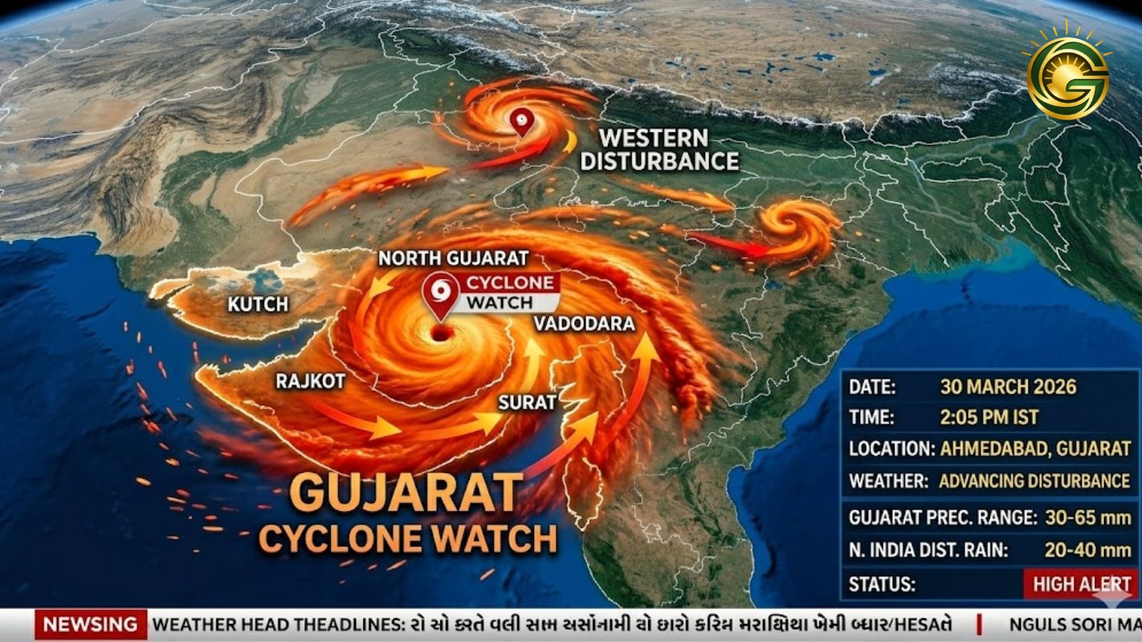 Satellite view of cyclonic circulation over Gujarat.