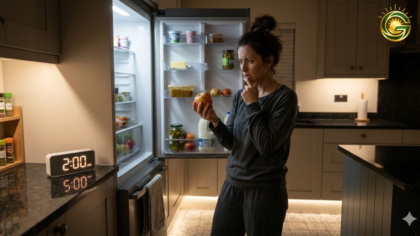 Person feeling excessive hunger at midnight near refrigerator.