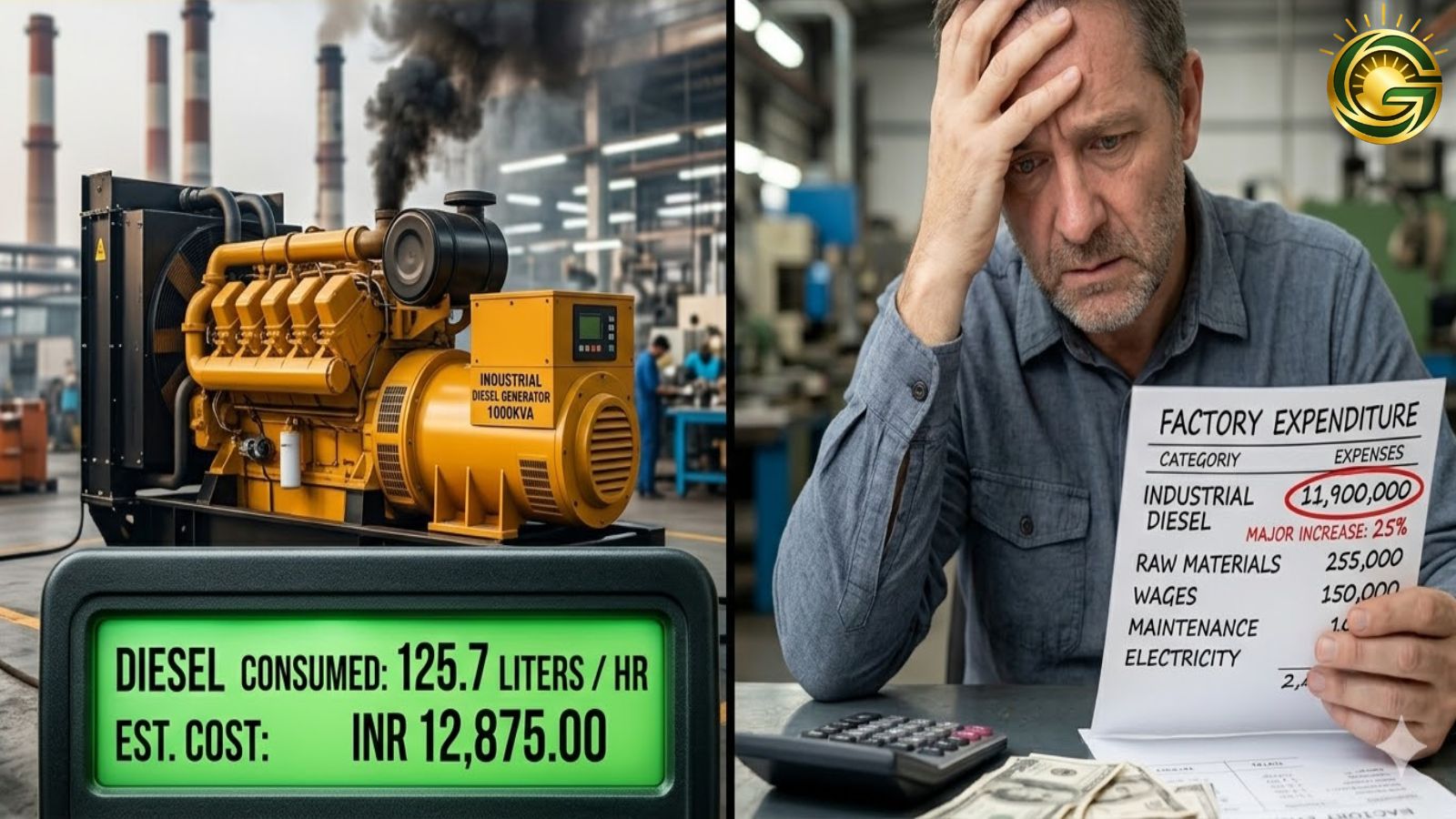 Large factory generator showing high fuel consumption amid industrial diesel price hike.