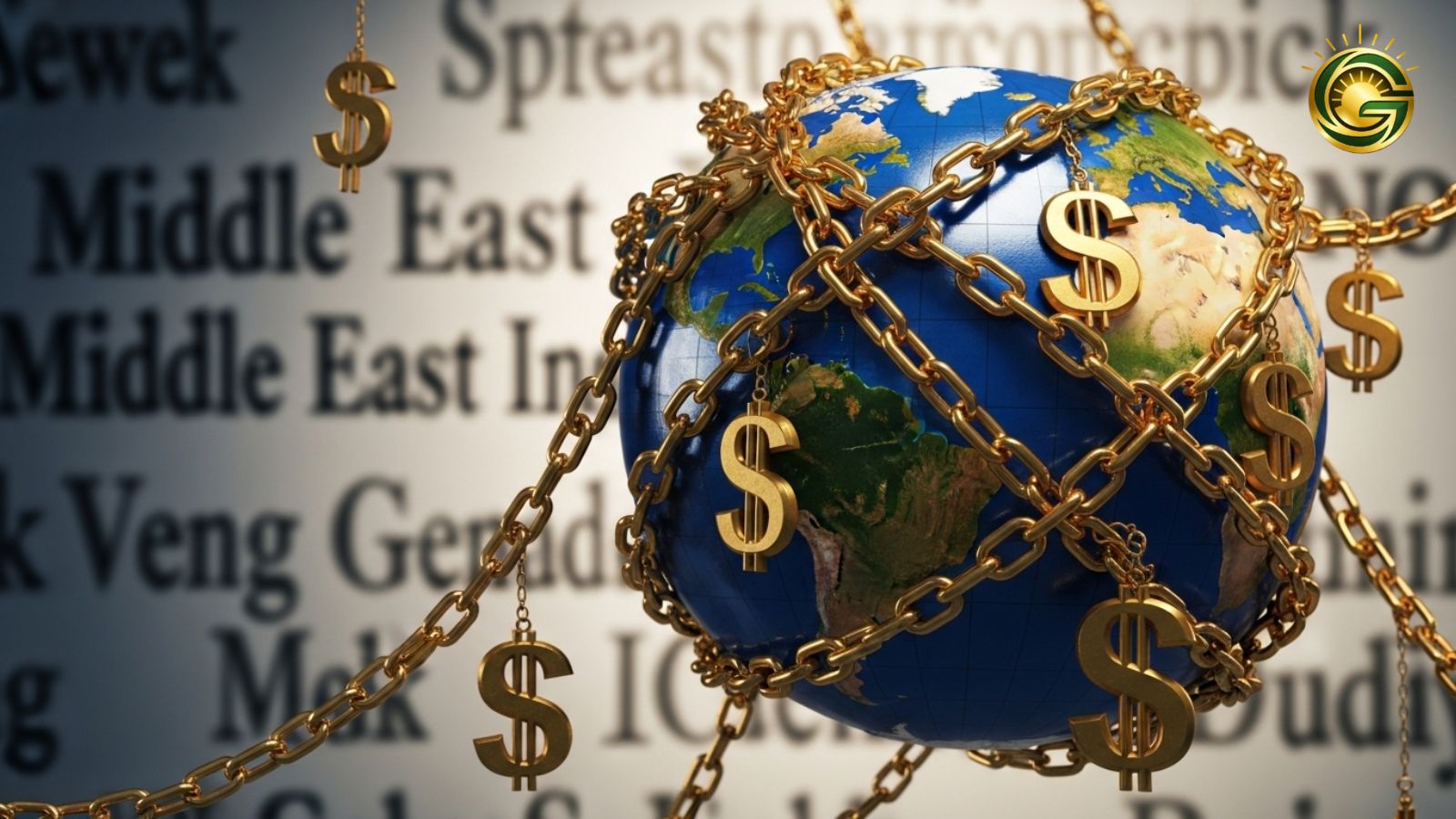 Conceptual image showing how global war and dollar impact gold prices.