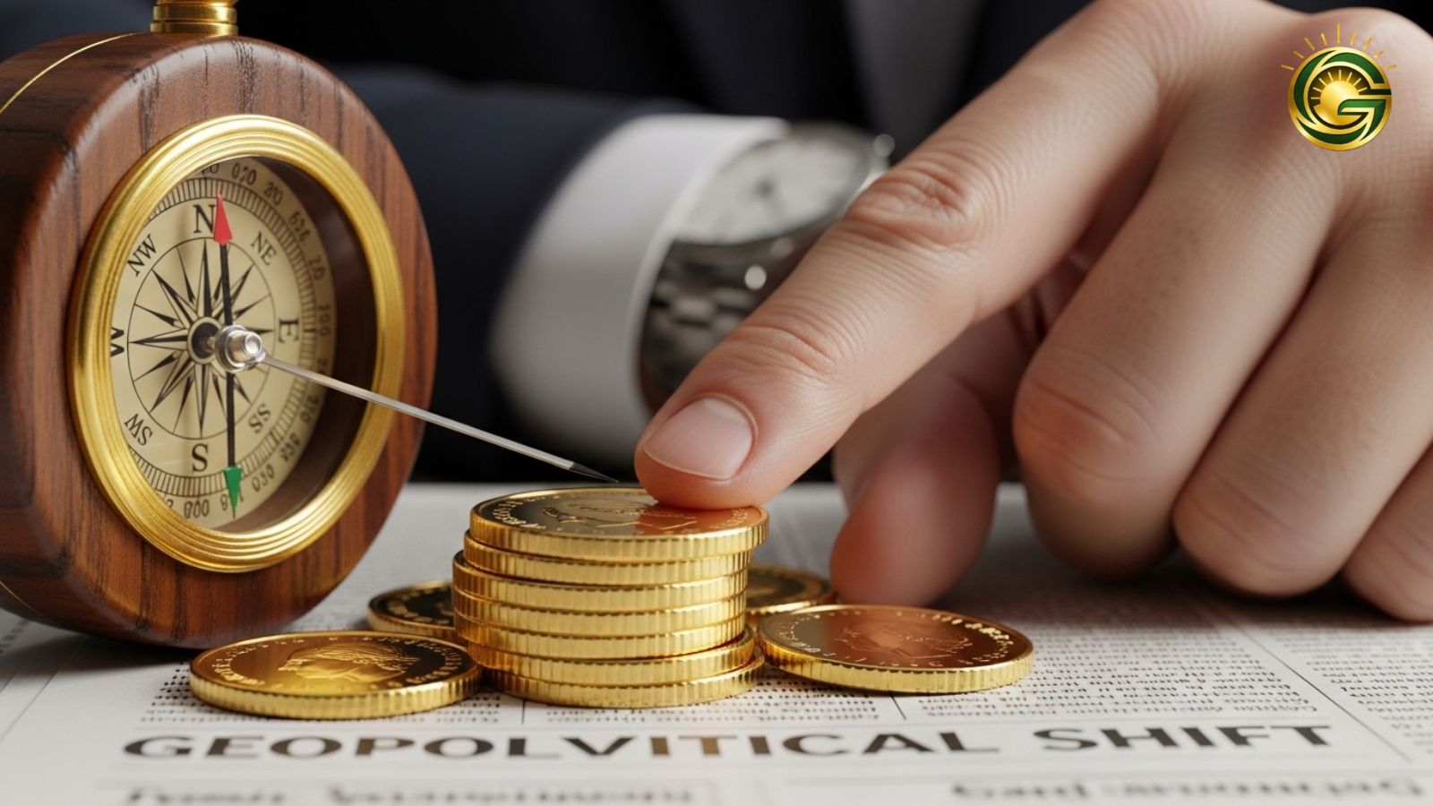An expert's hand directing an antique compass toward a stack of gold coins, symbolizing clear investment direction during global uncertainty.