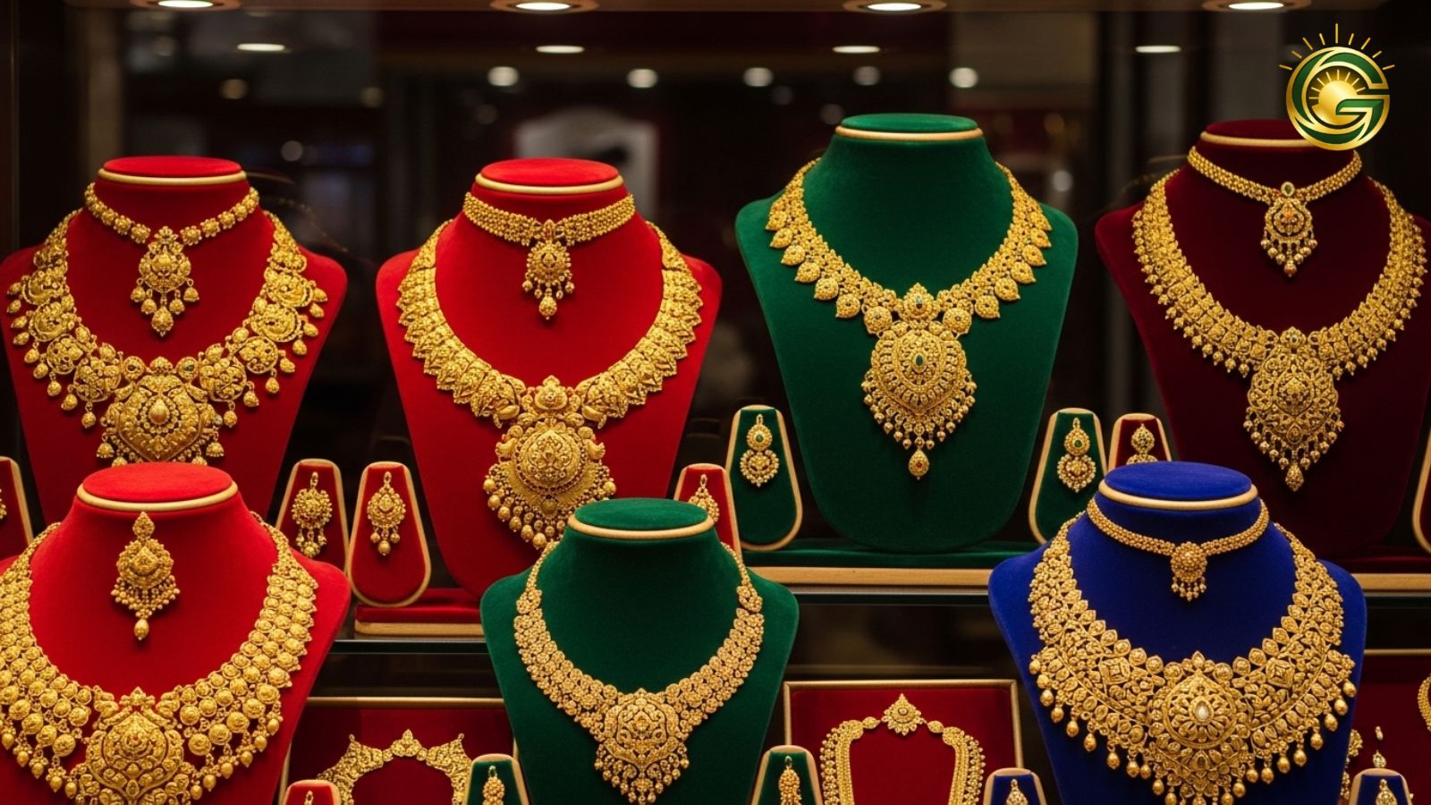 Traditional gold jewelry in a showroom during price hike.