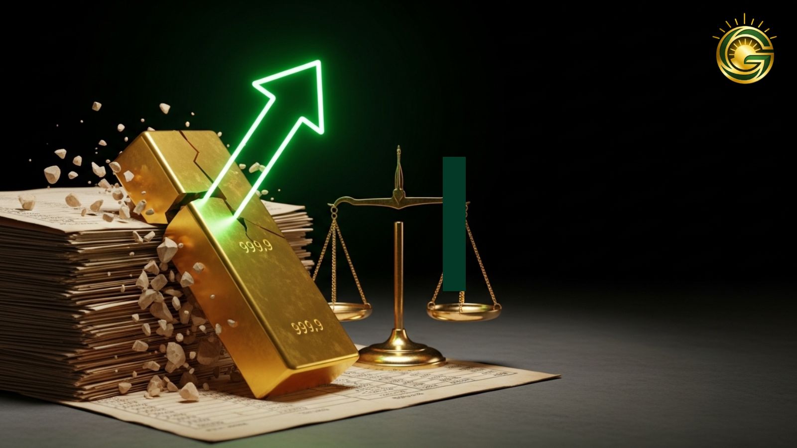 A single physical gold bar powerfully breaking through a stack of old trading ledgers, symbolizing a massive price surge in 2026.