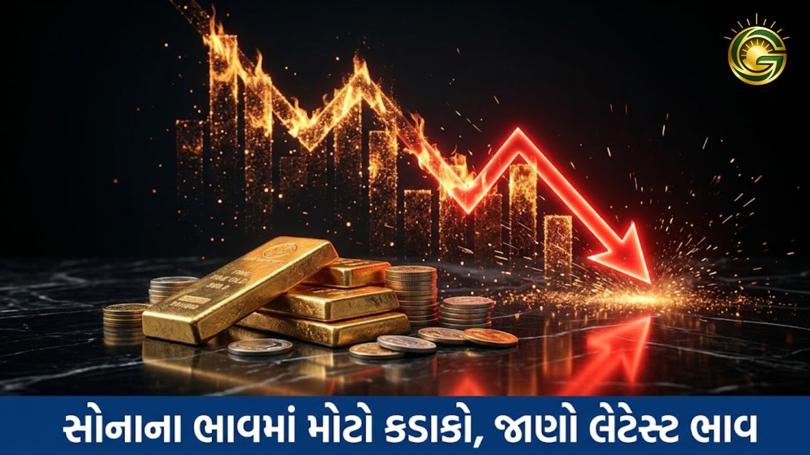 Gold Rate today : Gold biscuits and price drop chart illustration in India.