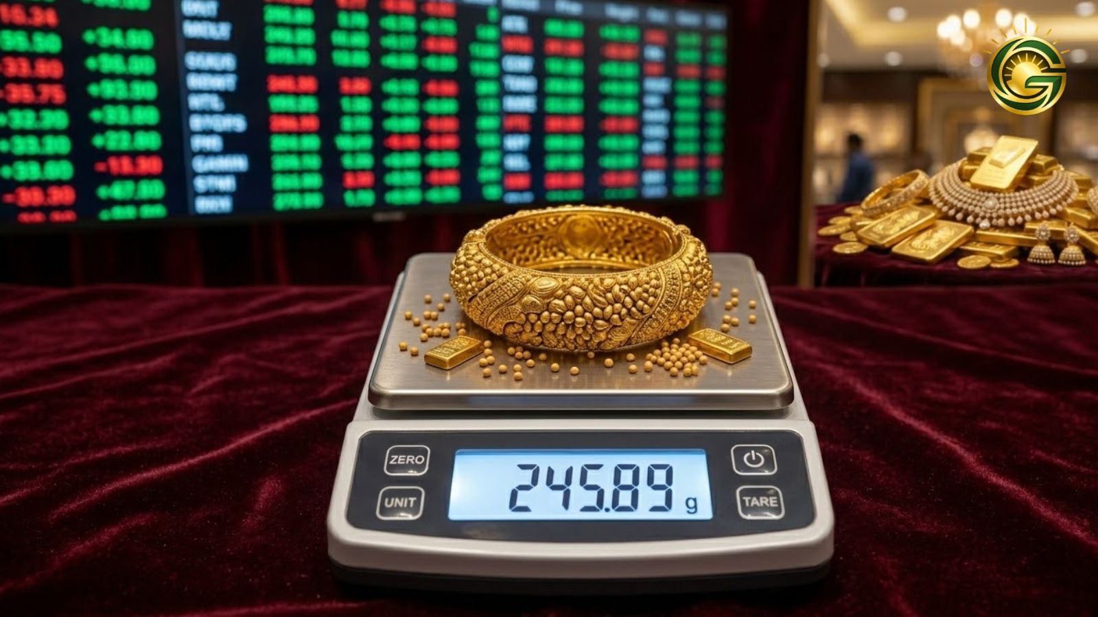 Gold jewelry on a weighing scale with market background