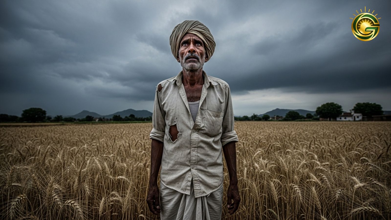 Concerned farmer in Gujarat looking at the rainy sky during summer.