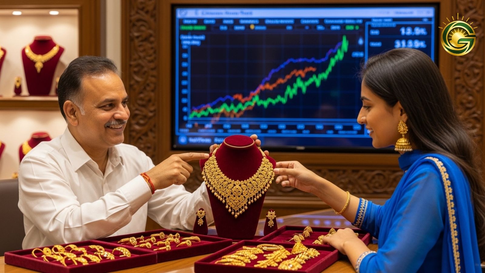 Customer buying gold jewelry in a Gujarat market despite price hikes.
