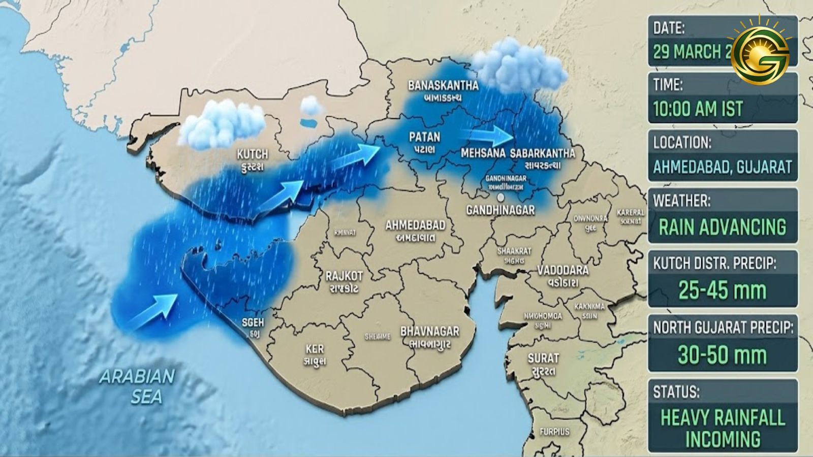 Weather map showing unseasonal rain movement in Gujarat.