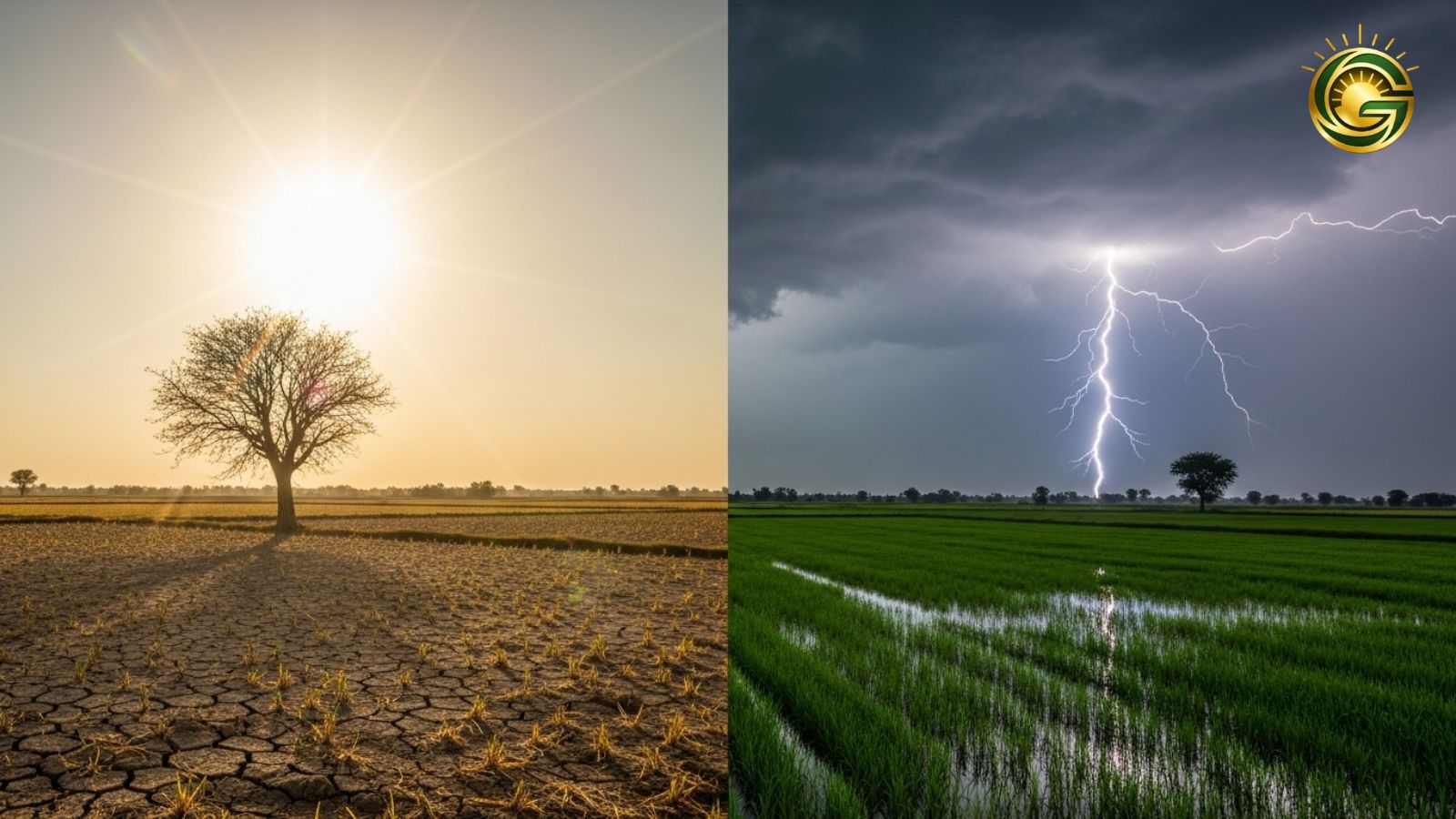 Dramatic weather shift in Gujarat showing extreme heat and storm clouds.