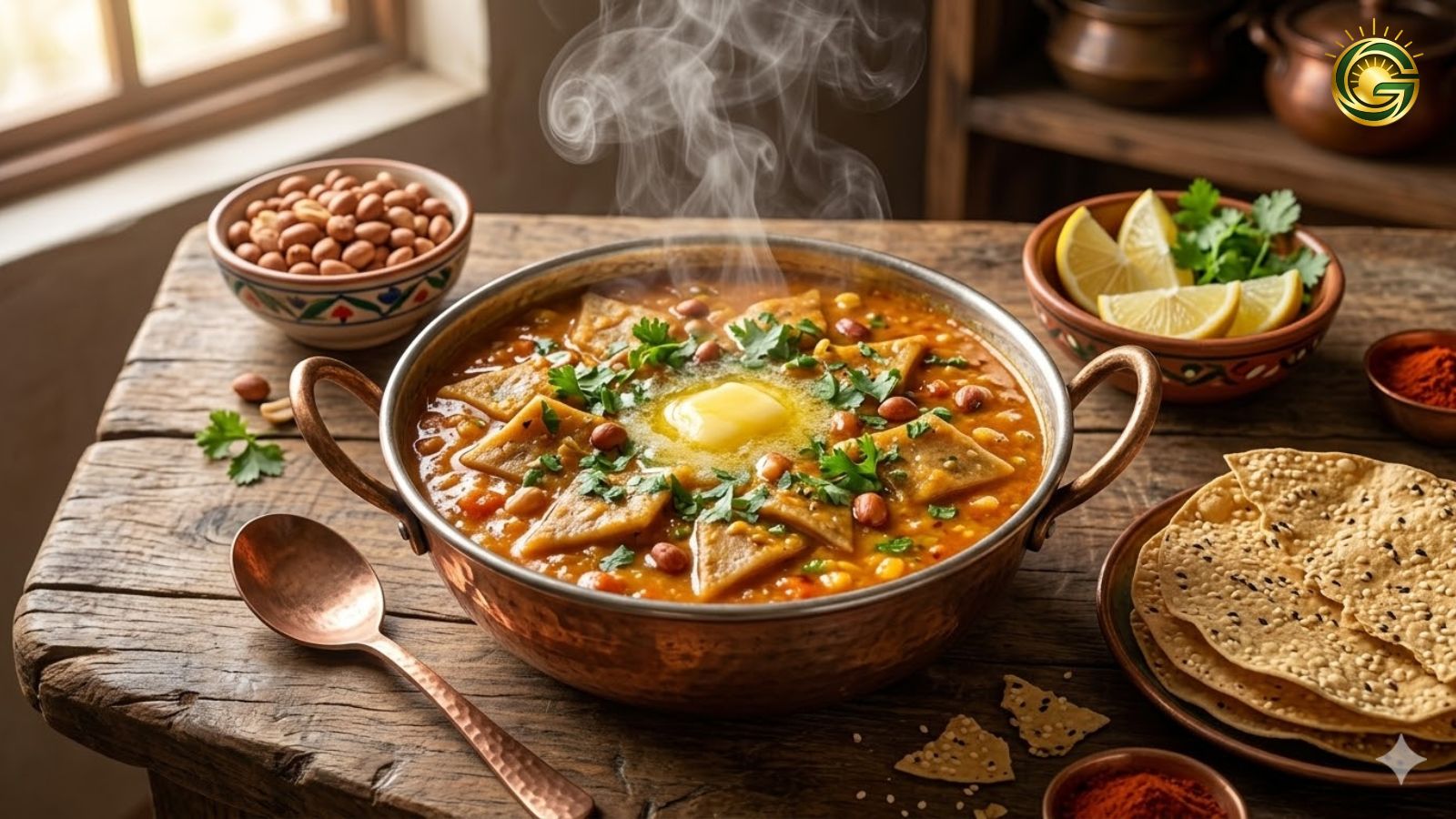 A traditional plate of spicy and sweet Gujarati Dal Dhokli Recipe.