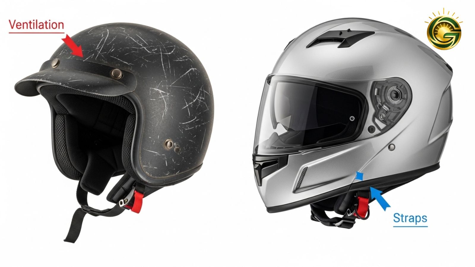 Comparison between safe and unsafe motorcycle helmets.