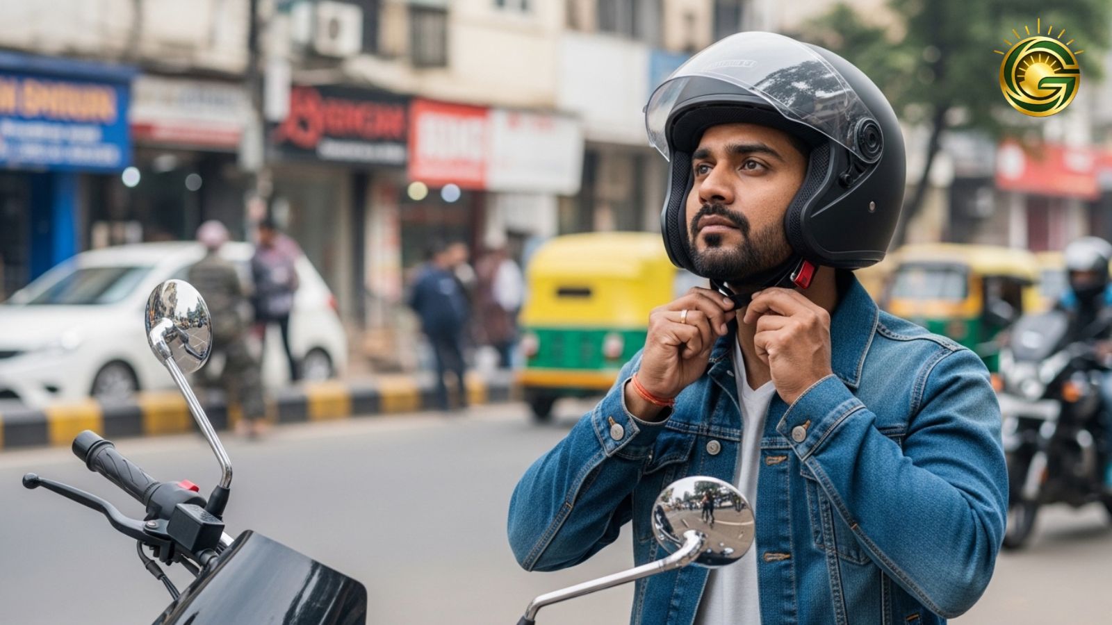 A rider securing his helmet for road safety.
