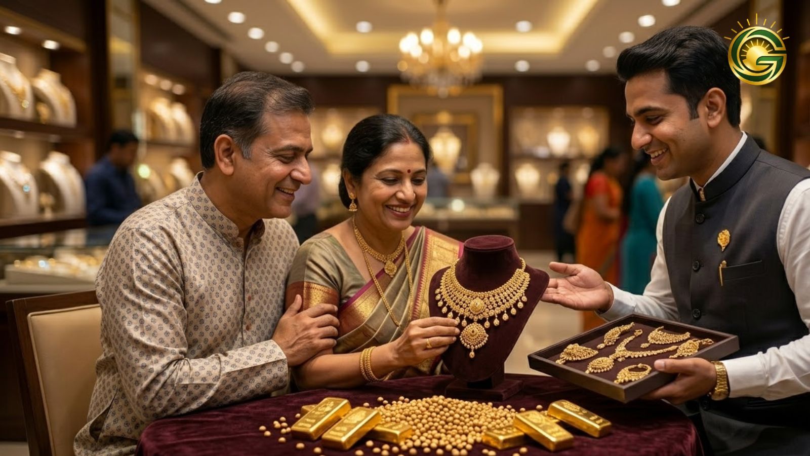 Indian family shopping for gold jewelry in showroom
