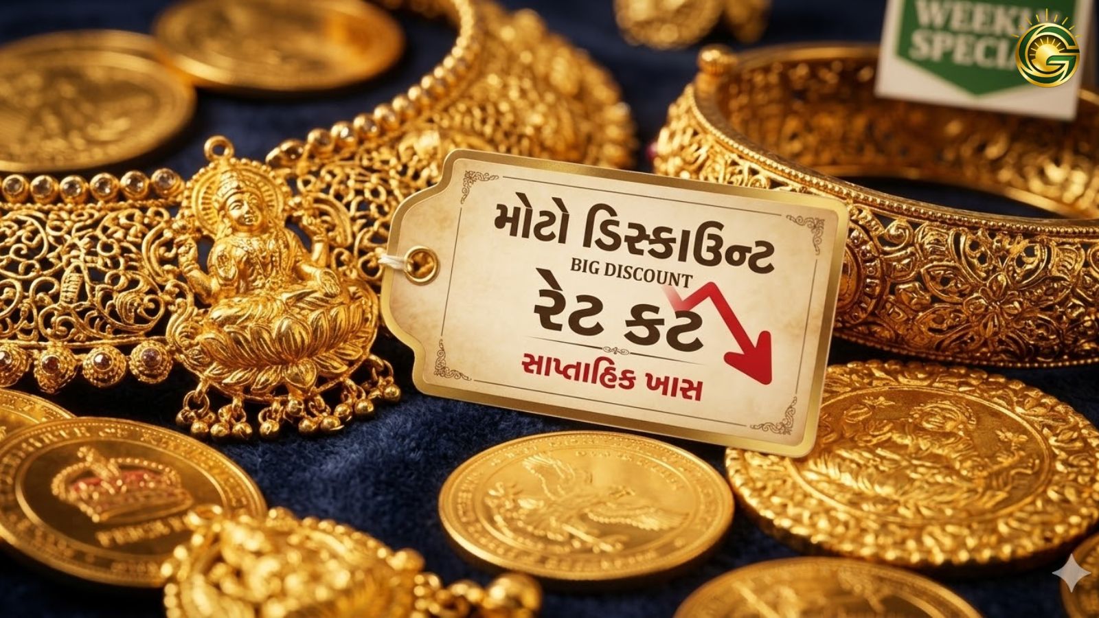 A close-up of traditional Indian gold jewelry with a price tag showing