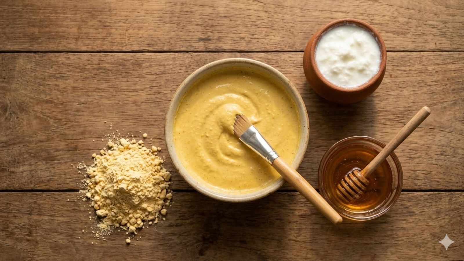 A close-up shot of a bowl of besan and curd paste with all natural ingredients like gram flour, yogurt, and honey for face mask.
