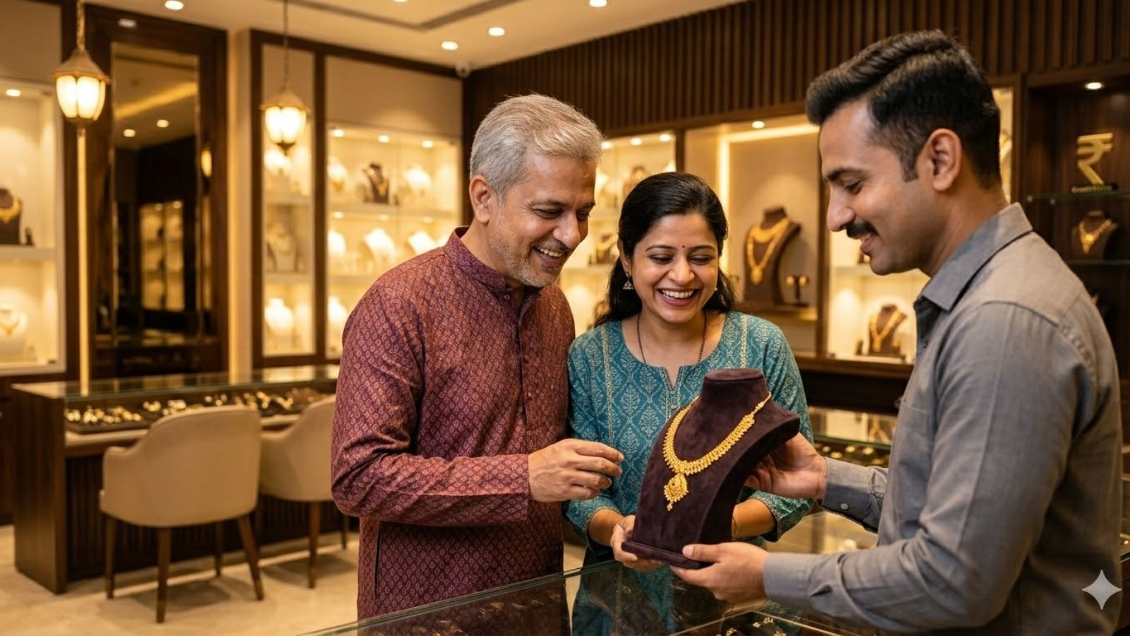 Customers buying gold jewelry during the price drop in India.