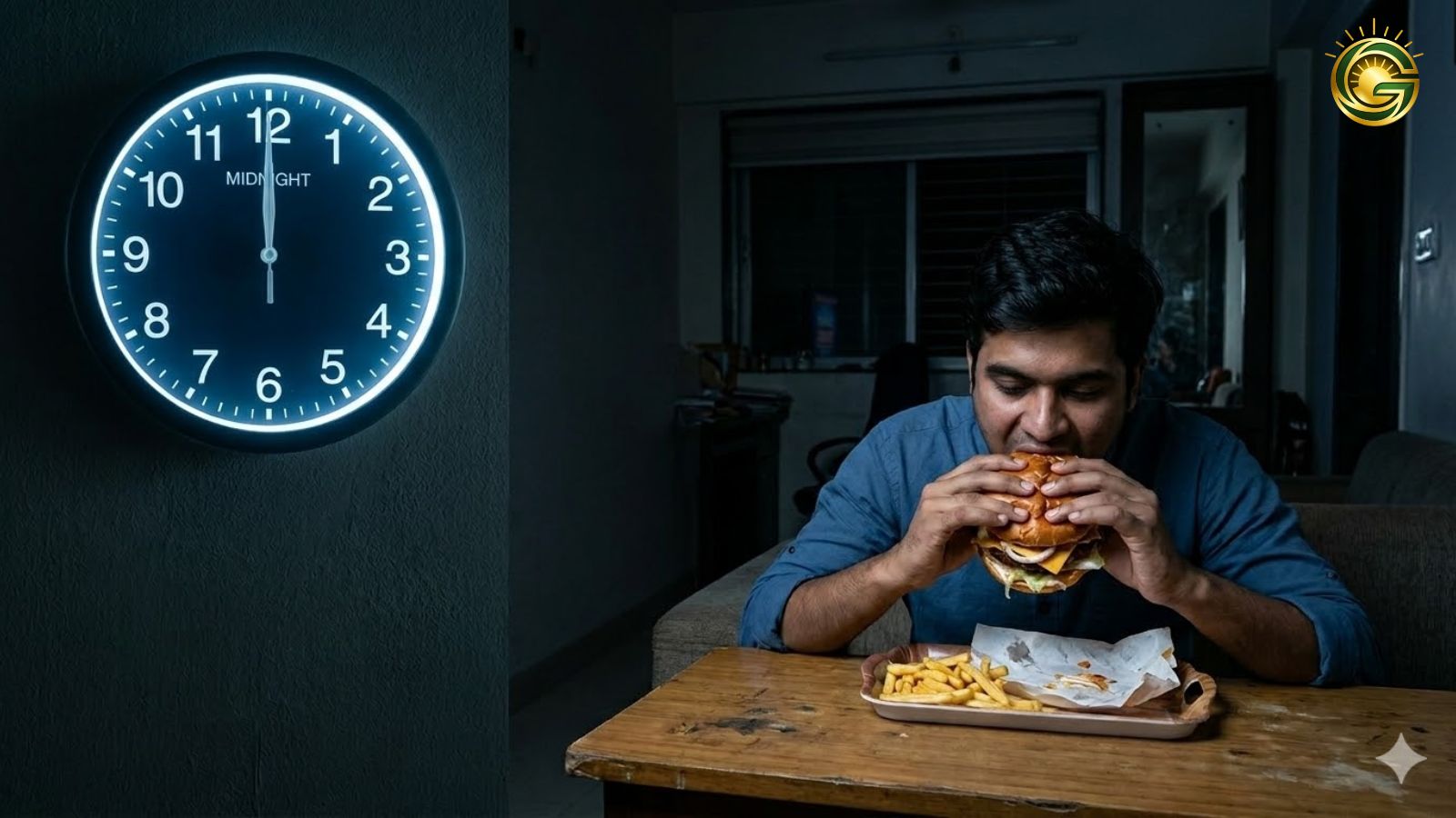 A visual representation of Late Night Eating Risks showing a person eating at midnight.
