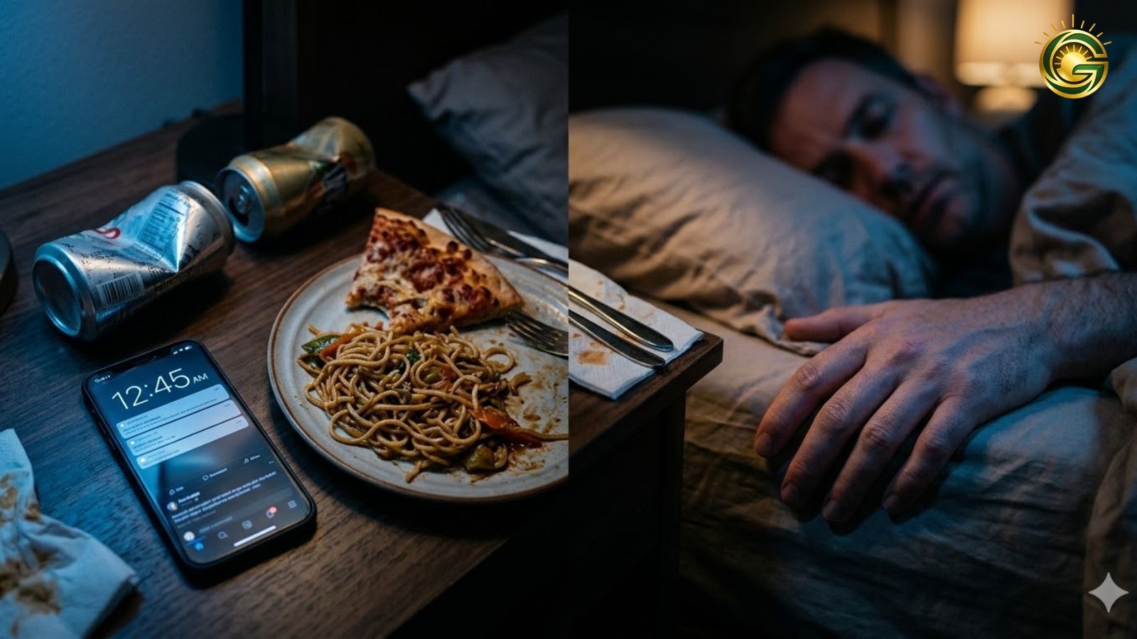 Restless sleep next to a late-night meal, highlighting Late Night Eating Risks on sleep quality and health.