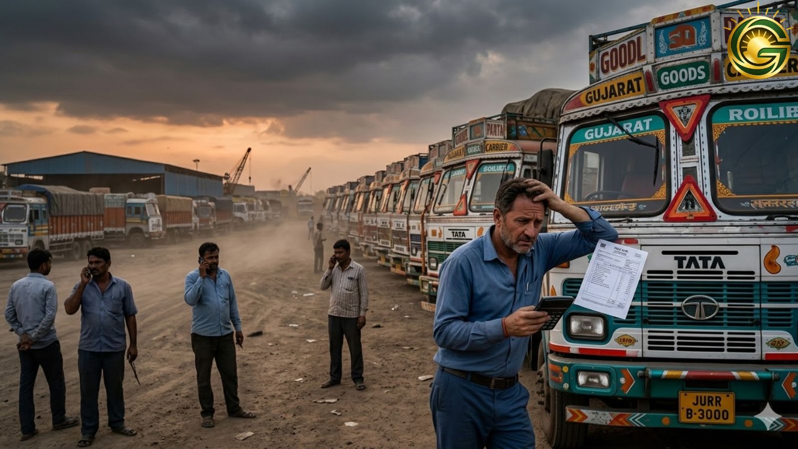 Cargo trucks parked at a terminal reflecting the logistics crisis due to industrial diesel price hike.