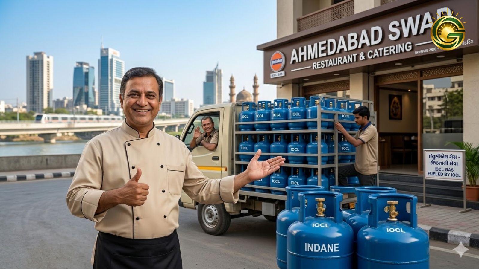 happy restaurant owner welcoming an LPG cylinder Supply delivery truck.