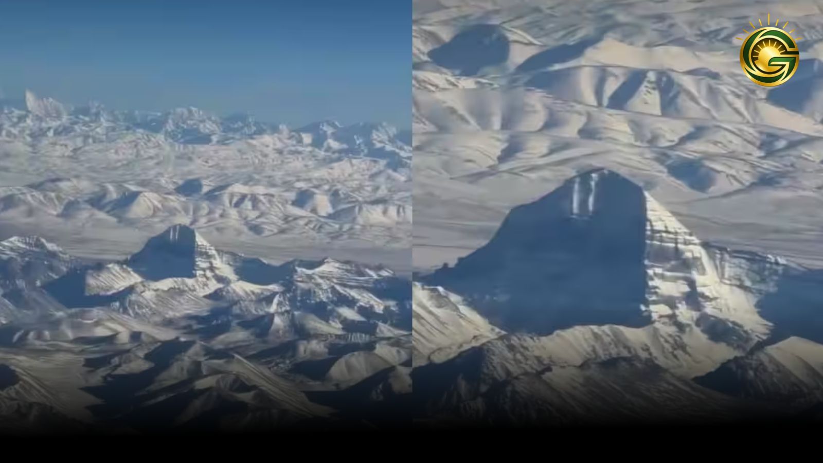 Breathtaking aerial view of Mount Kailash from an airplane window.