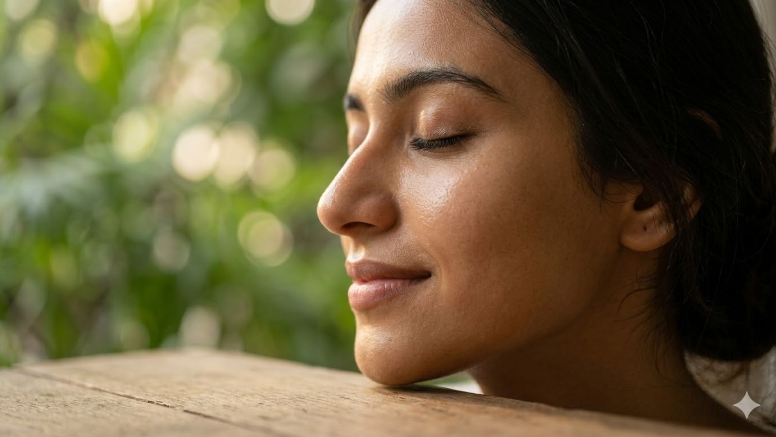 A beautiful Indian woman with clean, radiant, and glowing skin after using a homemade natural face mask.