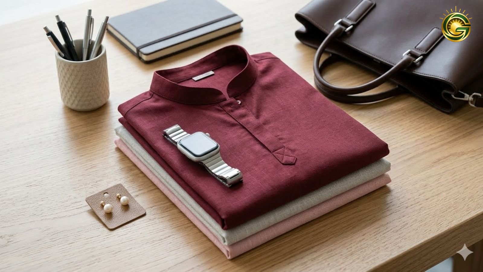 Accessories like a smart watch and small earrings paired with an office kurti.