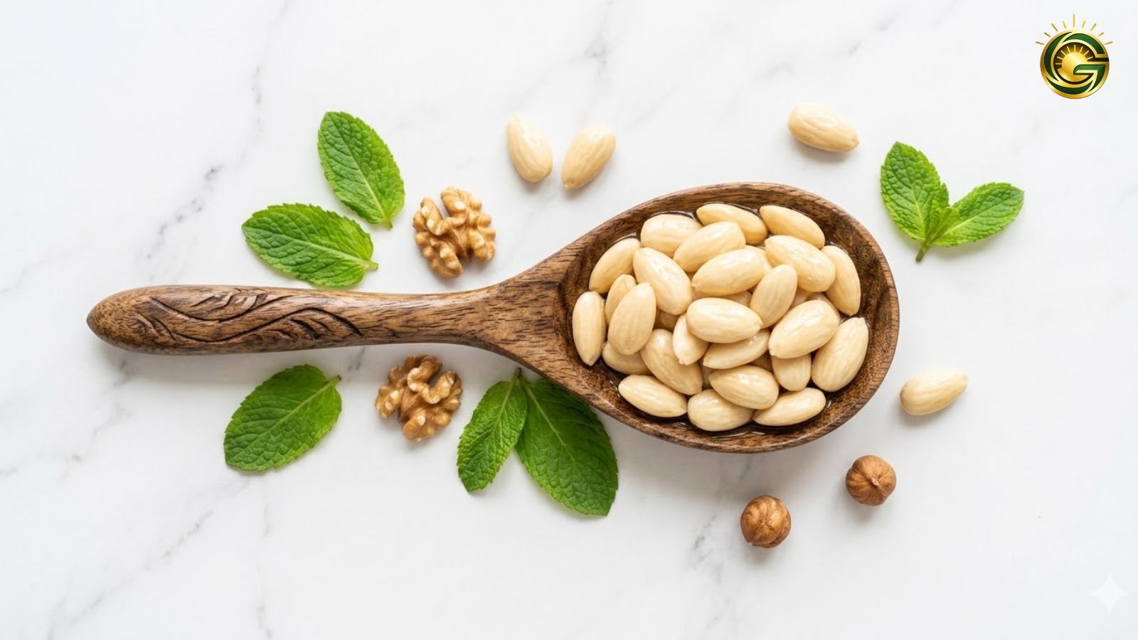 A wooden spoon filled with peeled soaked almonds and walnuts on a marble top, symbolizing brain and heart health.