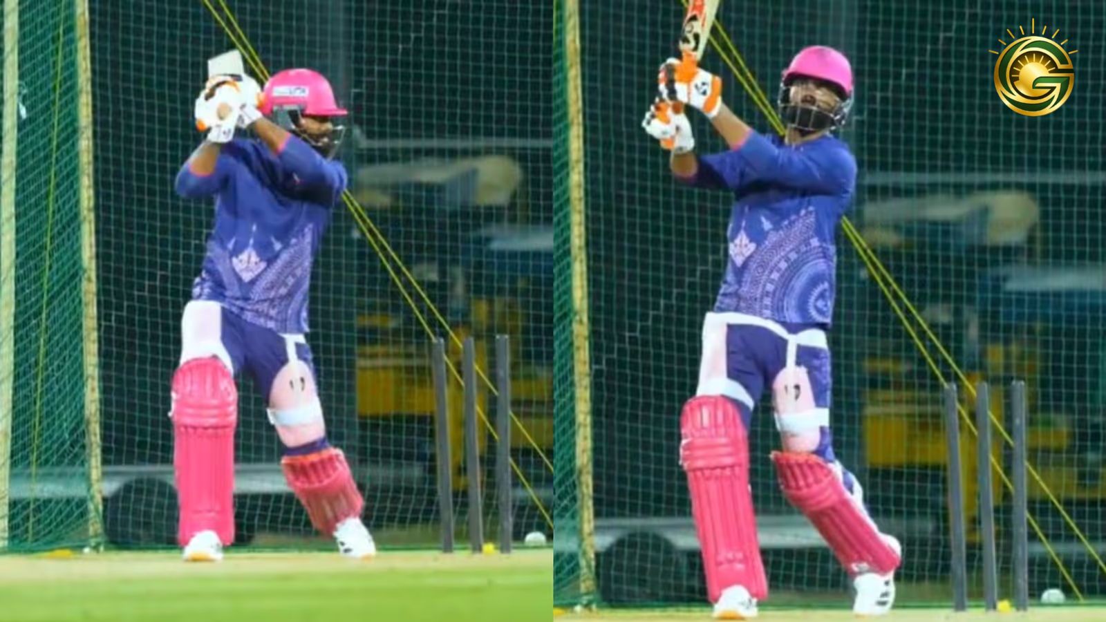 Ravindra Jadeja batting for Rajasthan Royals in IPL 2026 practice match.