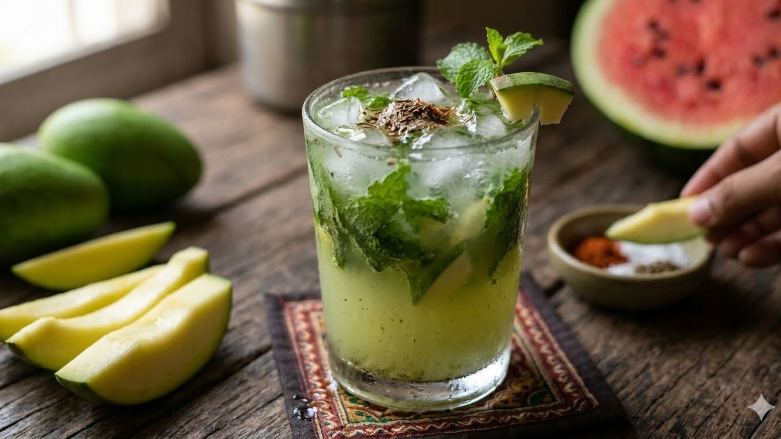 High-quality photography of traditional Gujarati summer drinks and fruits like buttermilk, raw mango, and watermelon on a wooden background. 