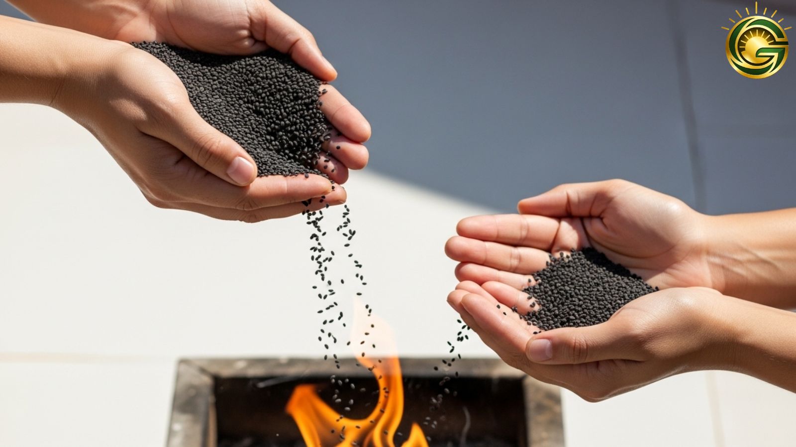 Person donating black sesame seeds on Saturday for spiritual benefits.
