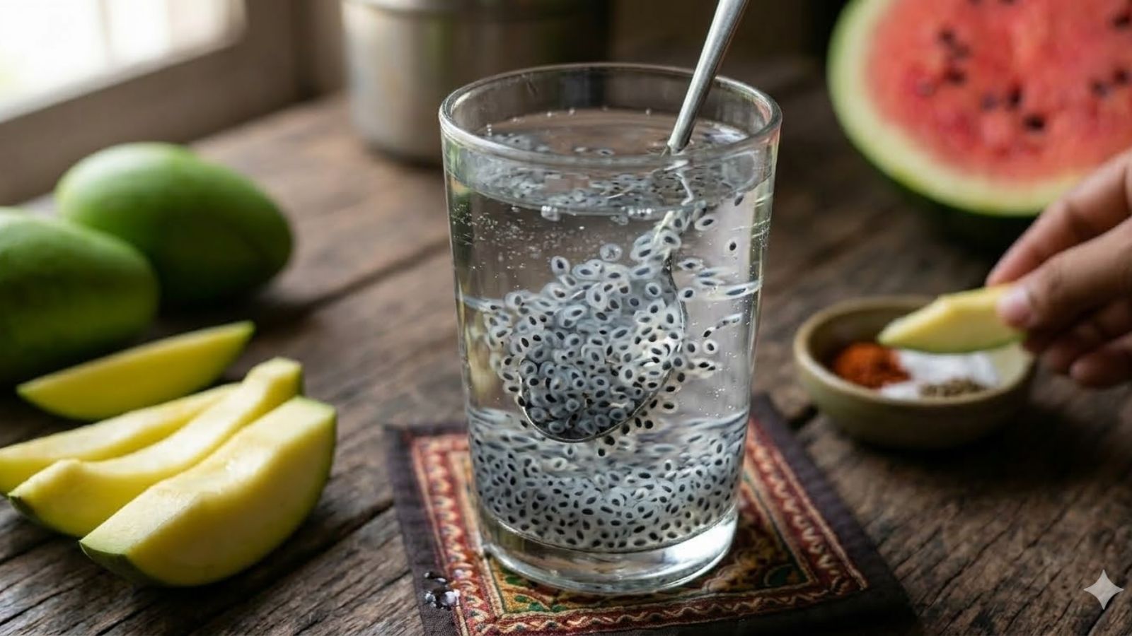 Sabja seeds soaking in a glass of water, showing the texture clearly. 