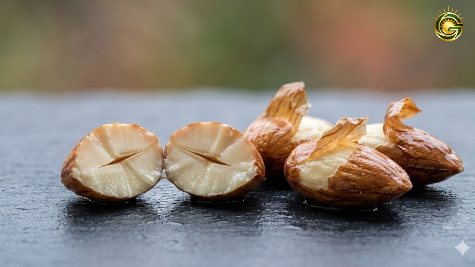 Close-up of a split soaked almond showing its moist texture, highlighting enzyme activation for digestion.