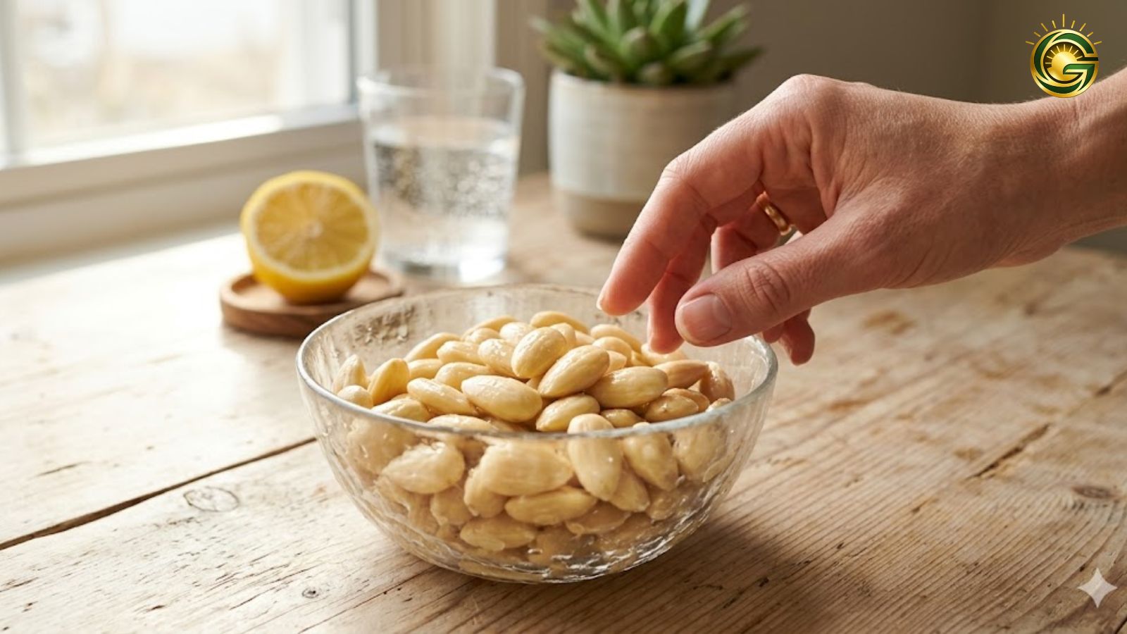 Freshly soaked and peeled almonds in a glass bowl on a sunlit morning table, representing a healthy breakfast Benifits.