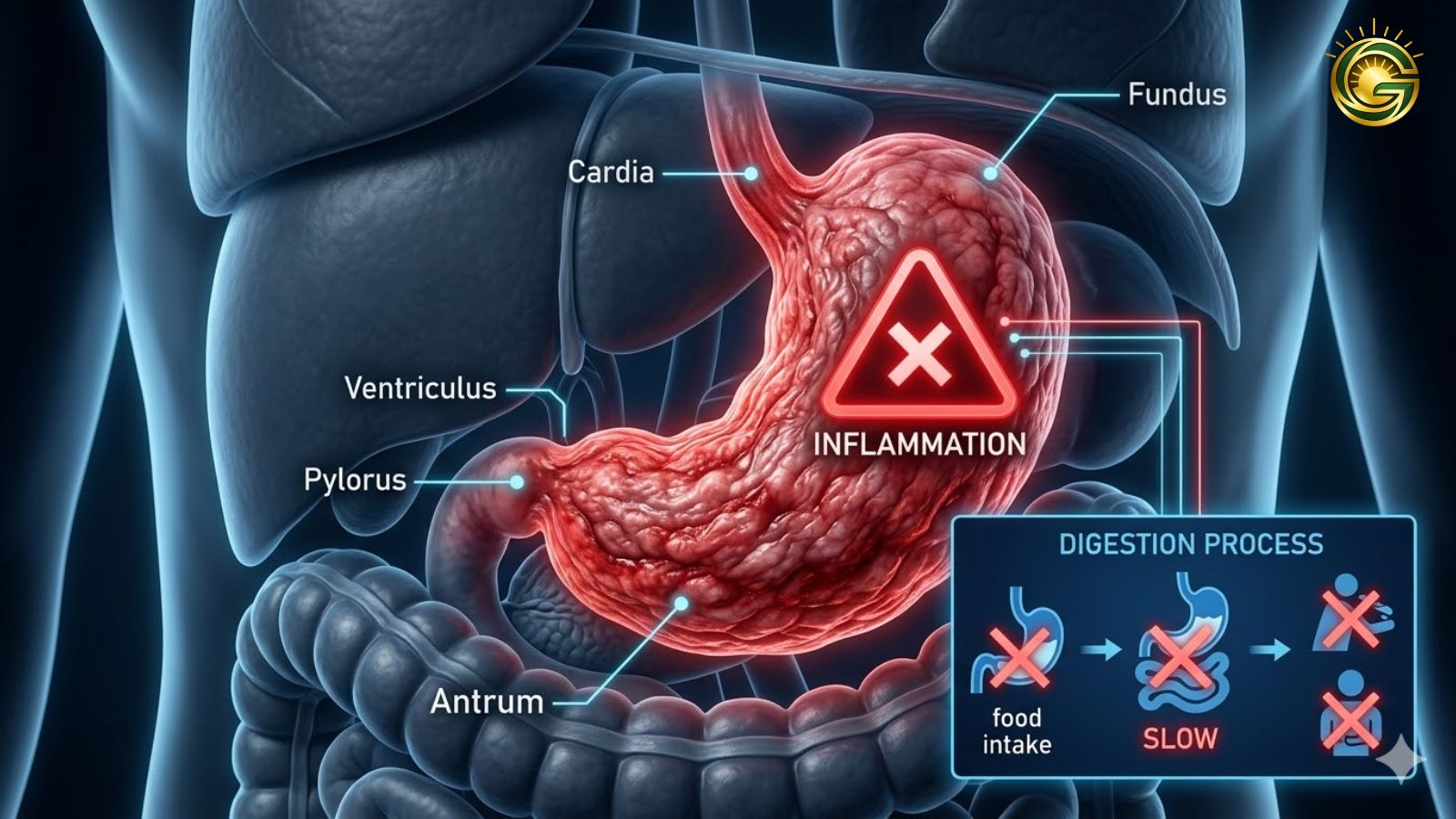 Medical illustration of stomach issues due to Late Night Eating Risks.