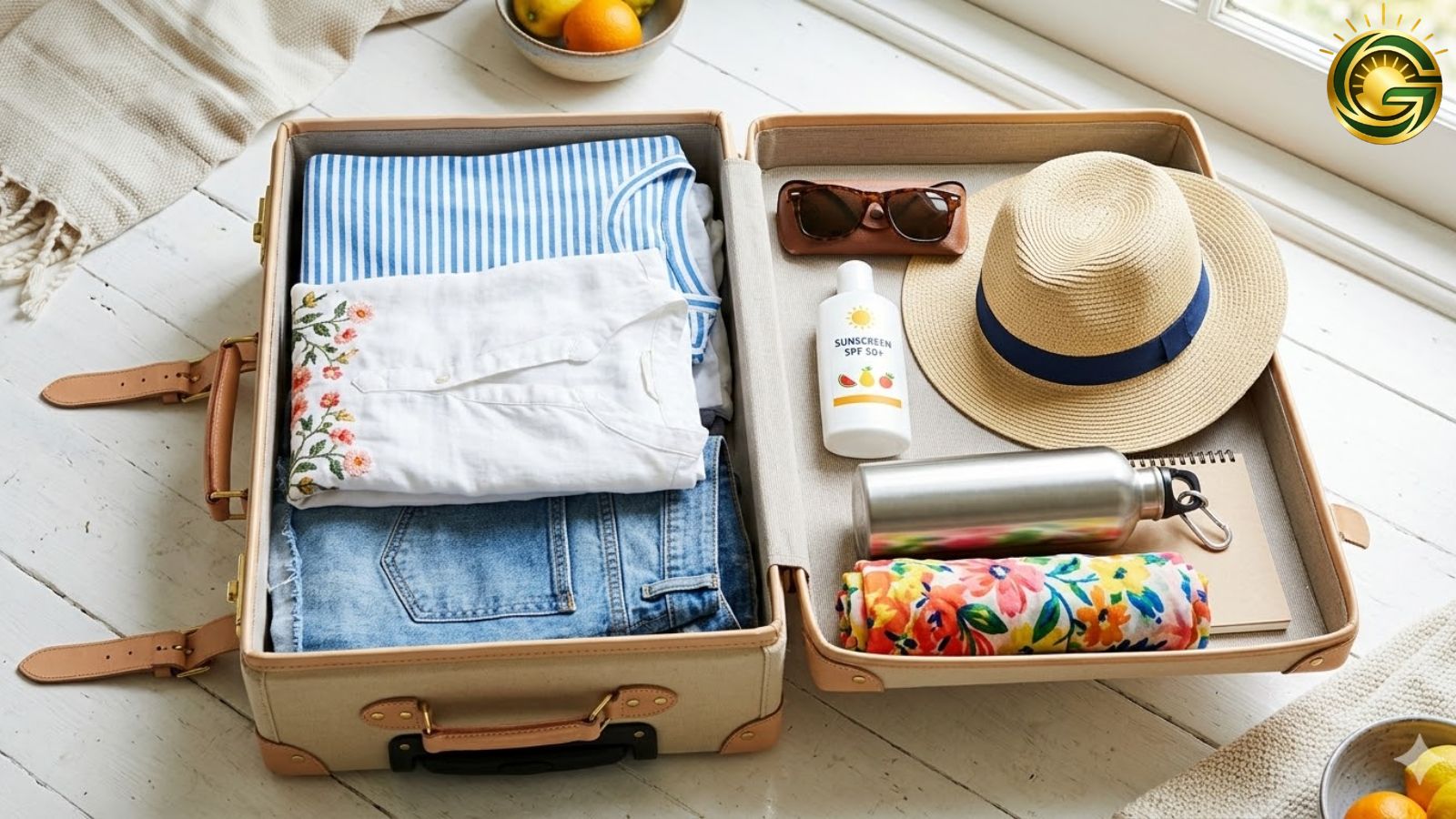A complete guide for Summer Travel Essentials packed in a suitcase for a beach holiday.