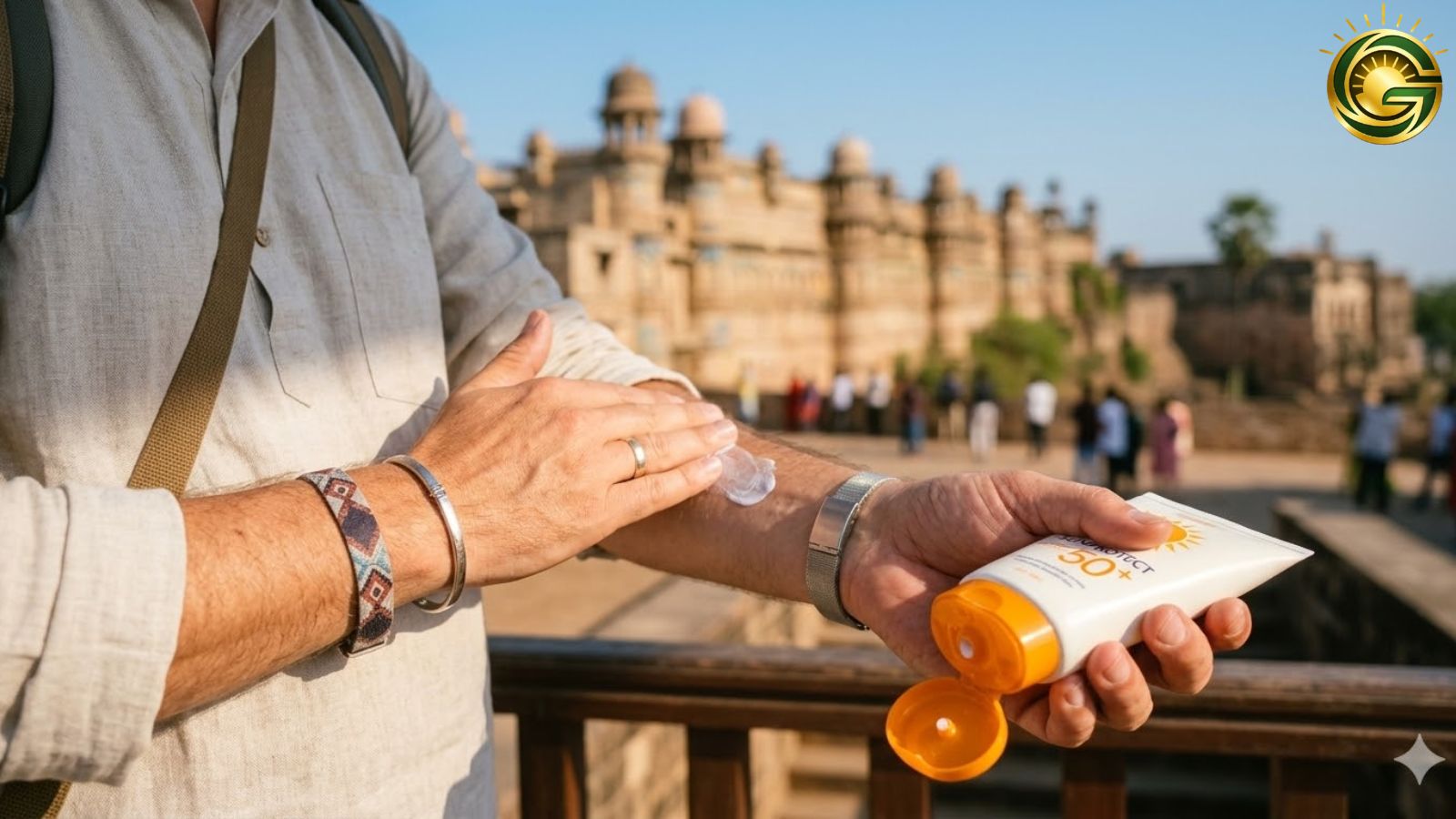 Protecting skin with sunscreen as a part of Summer Travel Essentials.