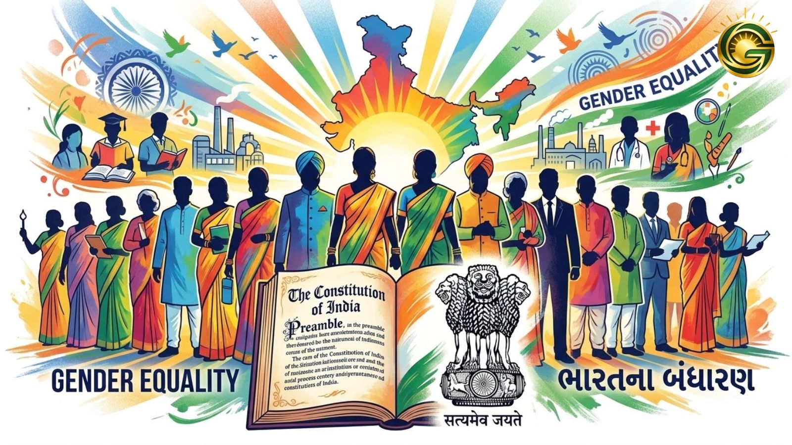 Illustration showing gender equality and legal rights under UCC Gujarat Bill 2026.