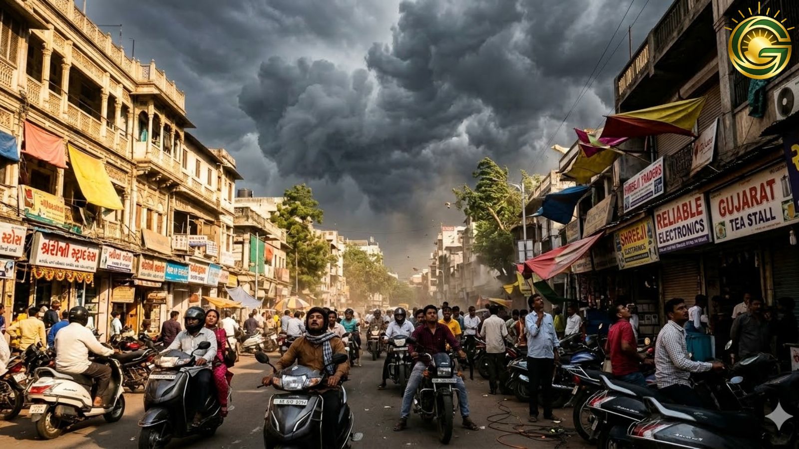 People in a Gujarat city looking at the sky in shock as sudden storm clouds gather during summer.