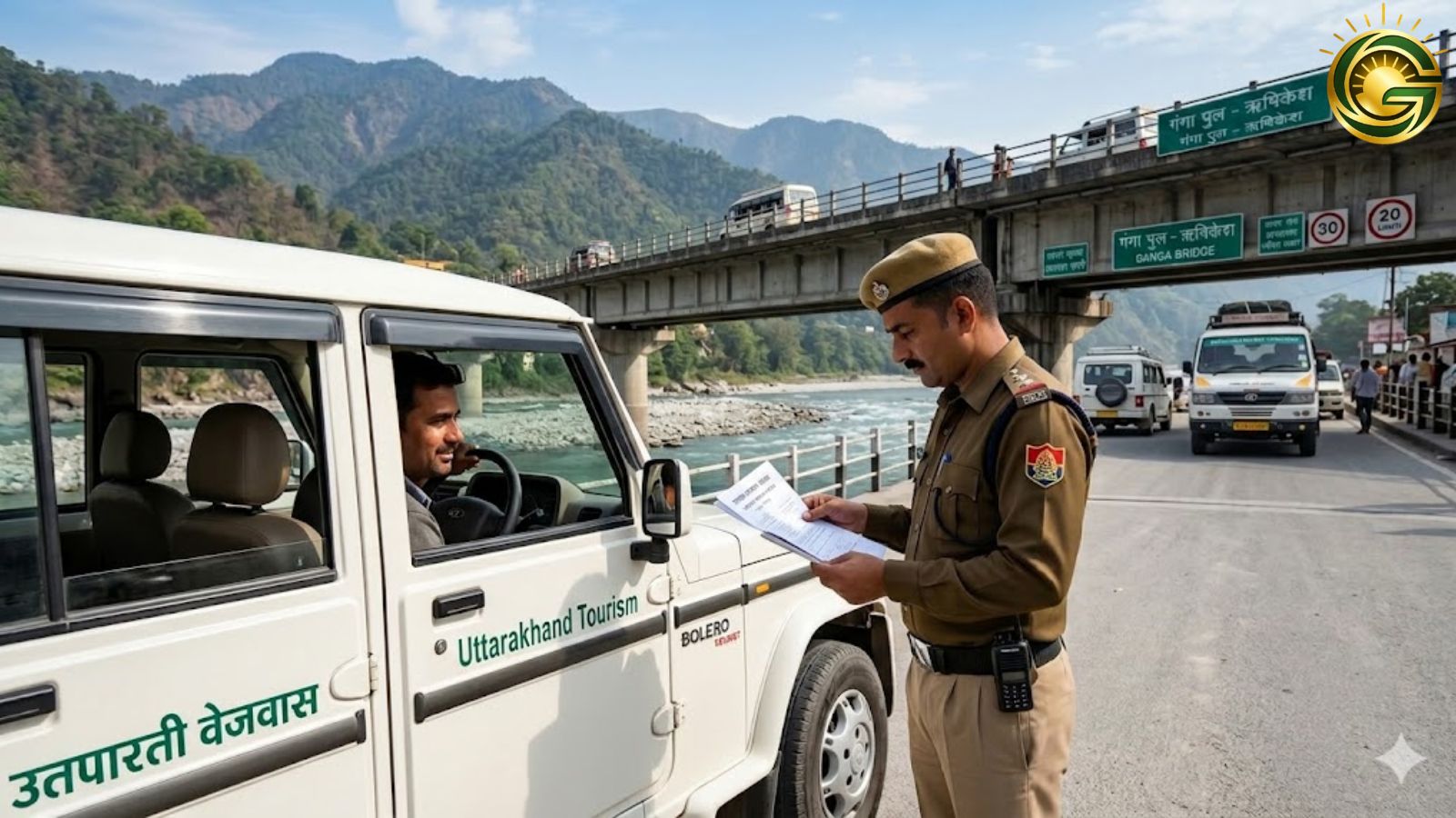 Police inspecting vehicle documents for Char Dham Yatra safety.