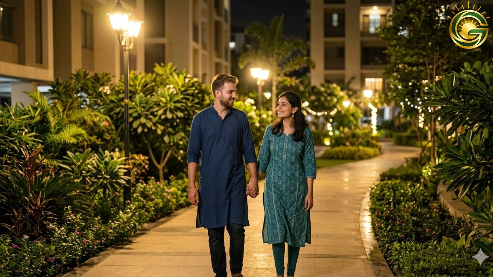 Indian couple walking at night after dinner for better health and fitness.