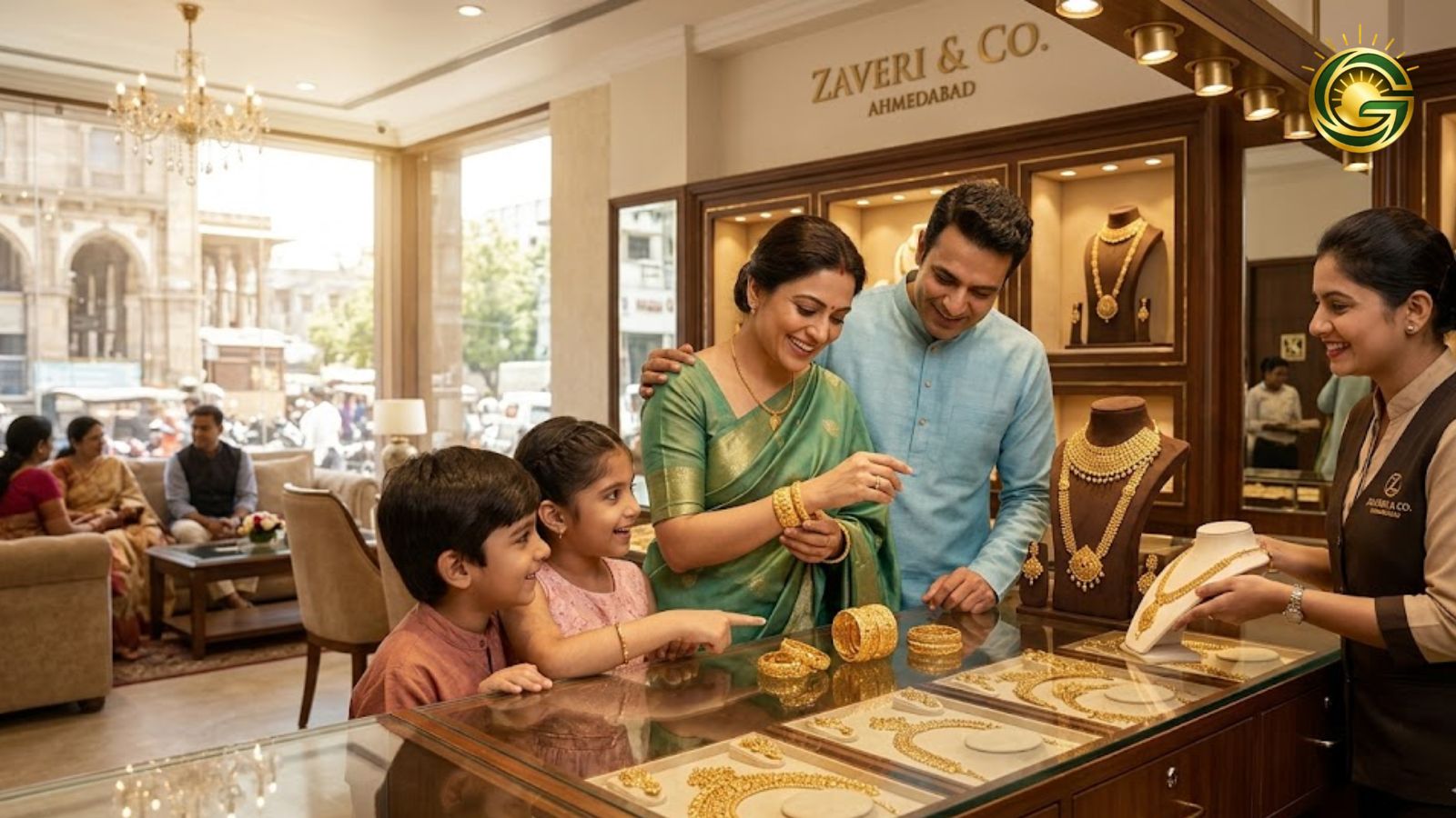 Happy Indian family shopping for gold jewelry in a modern showroom.