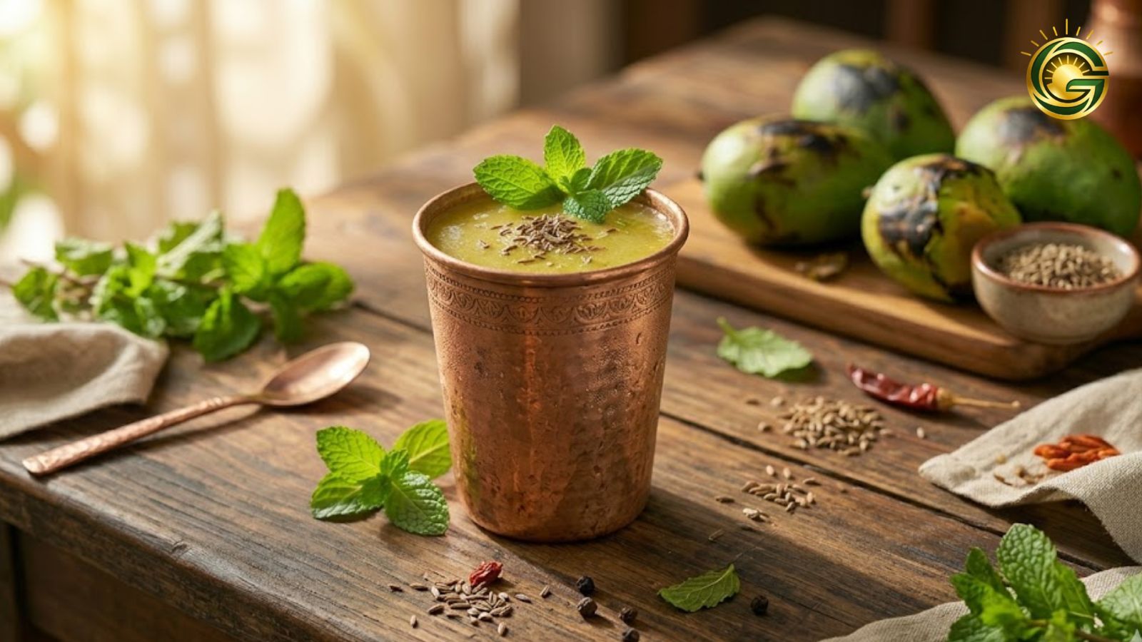 Refreshing Aam Jhor drink made from roasted raw mangoes for summer.